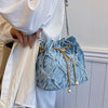 Chain Drawstring Raw Edge Denim Bucket Bag