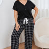 Plus Size V-Neck Top and Plaid Pants Lounge Set